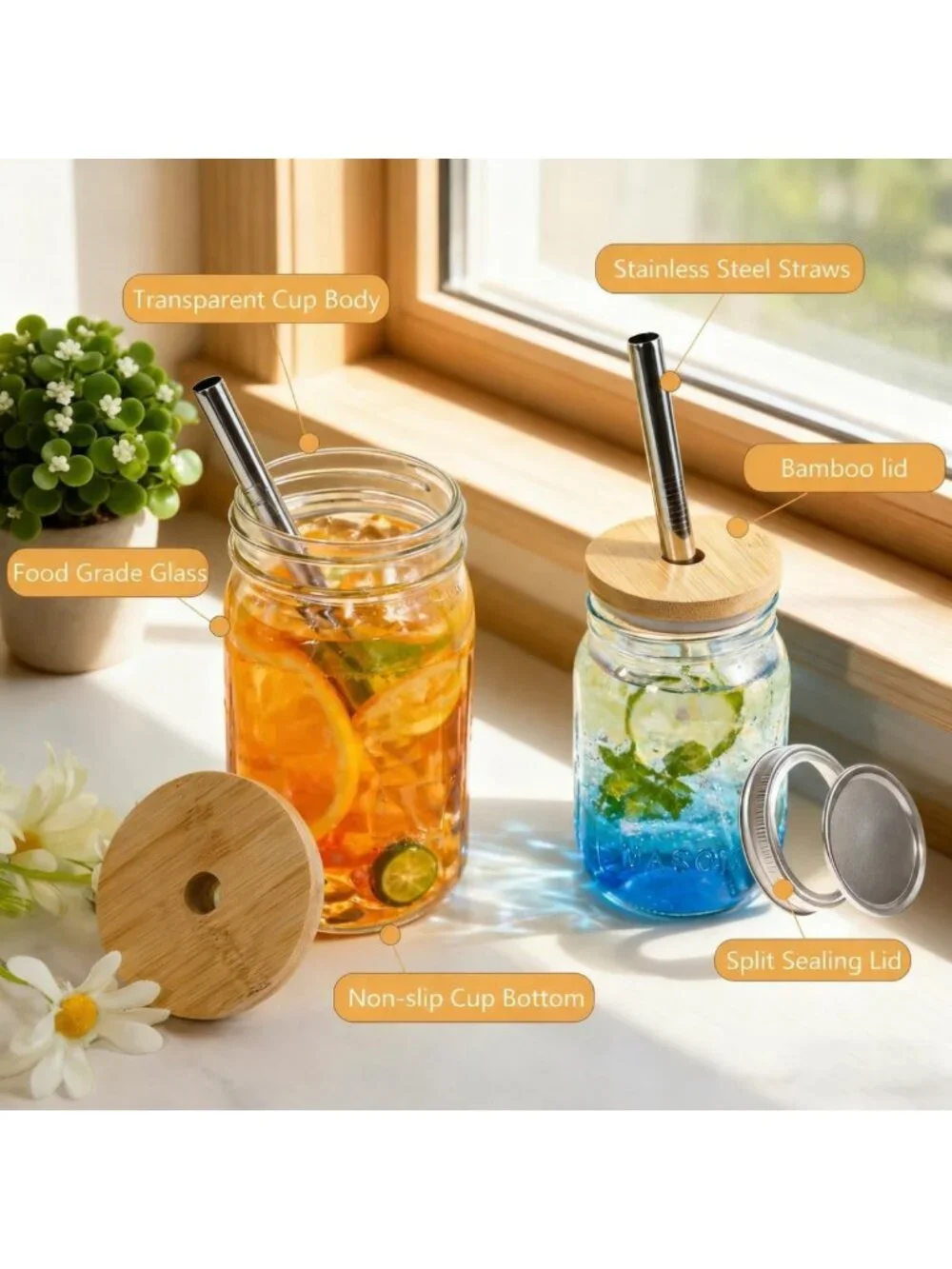 4-Pack Vintage Mason Jars 32oz with Bamboo Lids | Wide Mouth Glass Cups for Iced